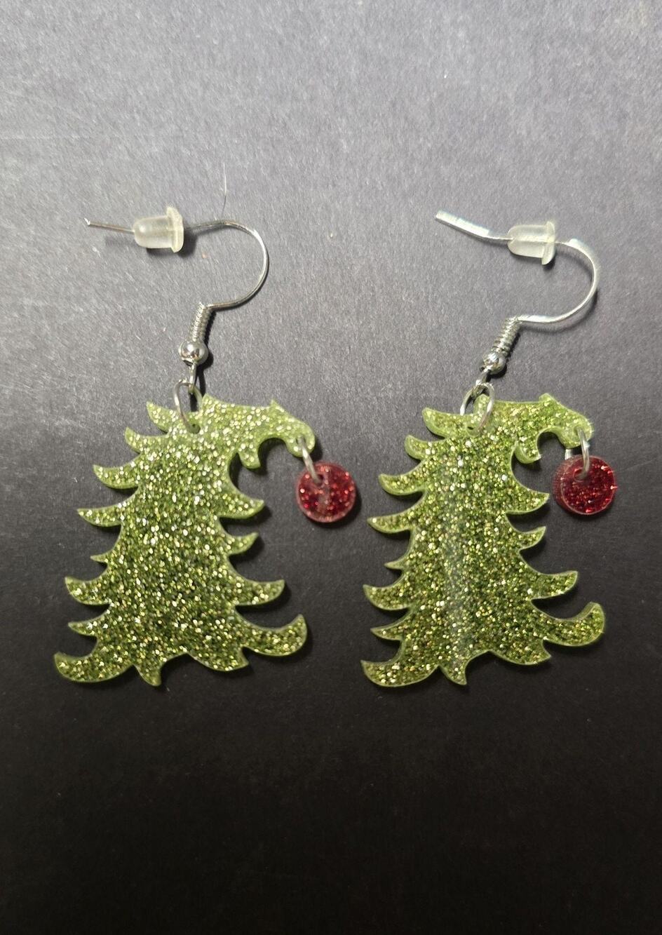 Christmas Tree Dangle Drop Earrings Green Glitter Red Womens Holiday Jewelry